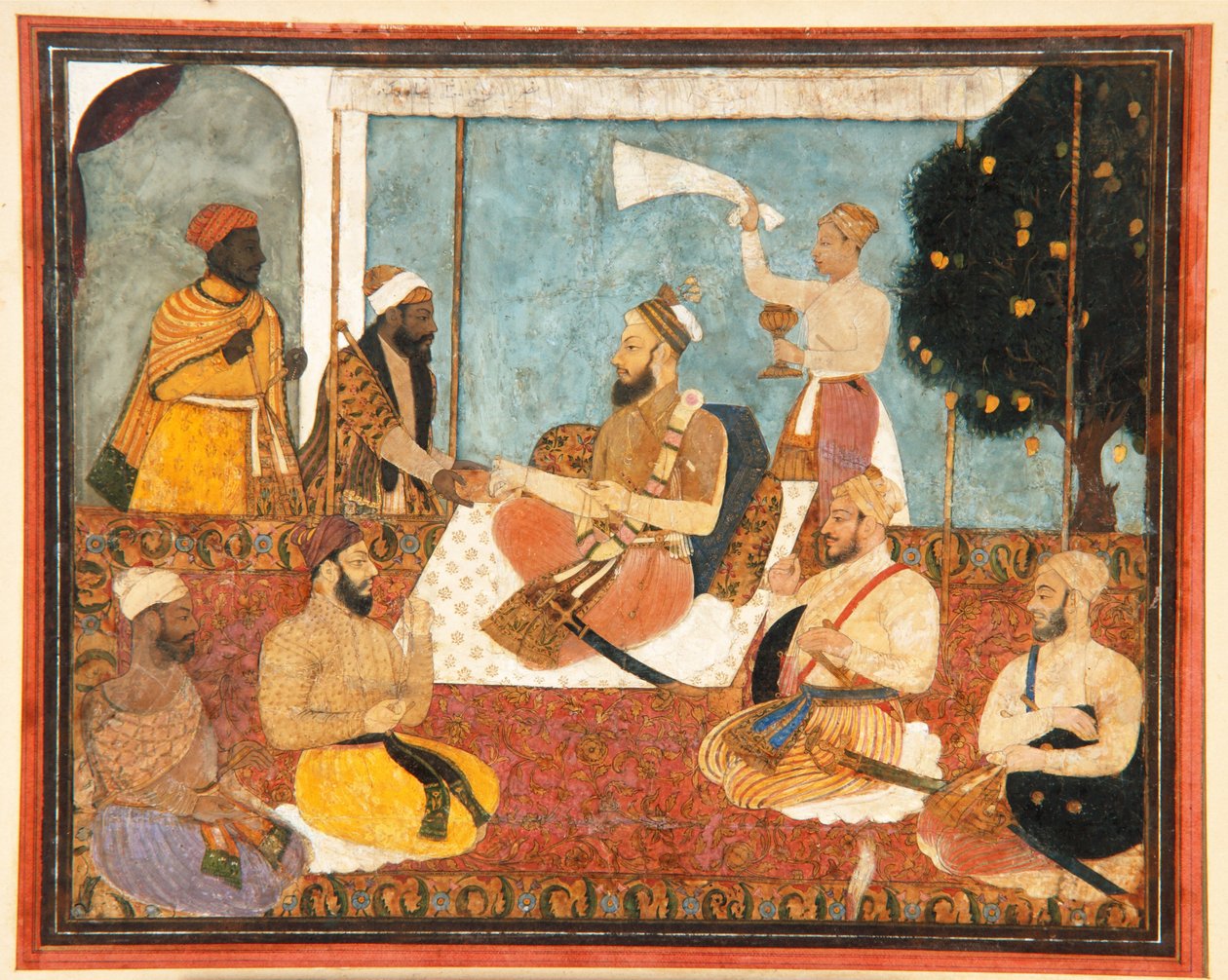 Muhammad Adil Shah vælger en juvel, ca. 1650 (uigennemsigtig akvarel og guld på papir) af Indian School