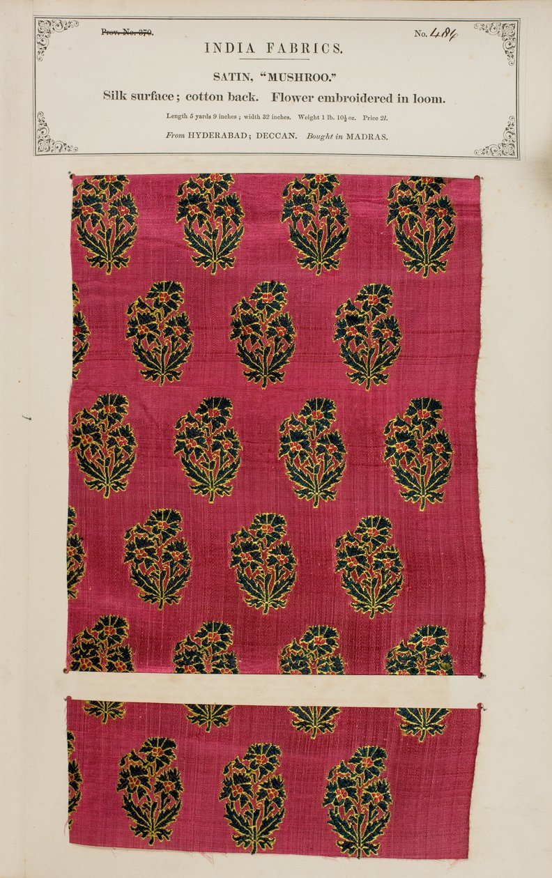 Mushroom satin prøve fra Hyderabad i Deccan, fra The Collection of the Textile Manufacturers of India, af John Forbes Watson, udgivet i 1866 af Indian School