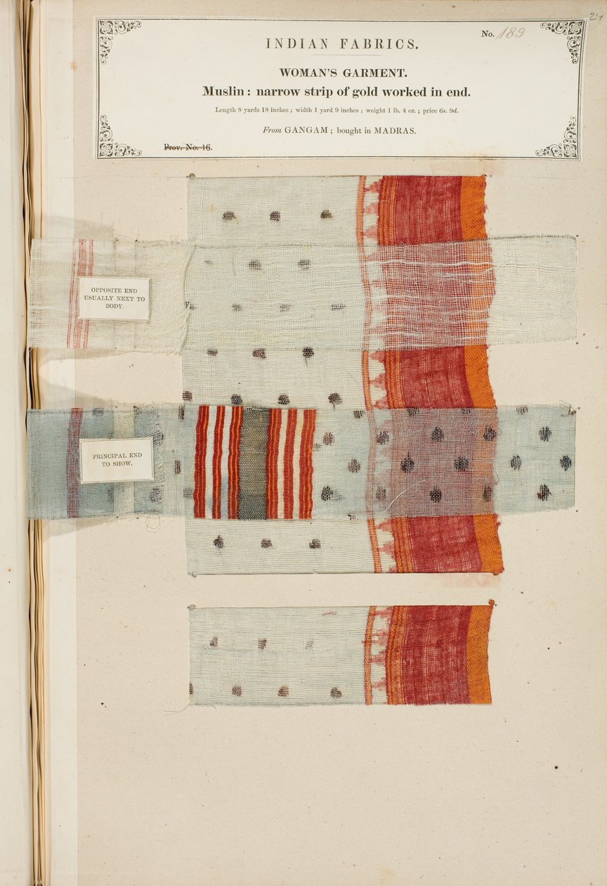 Muslinprøve fra Ganham, købt i Madras, fra The Collection of the Textile Manufacturers of India, af John Forbes Watson, udgivet i 1866 af Indian School