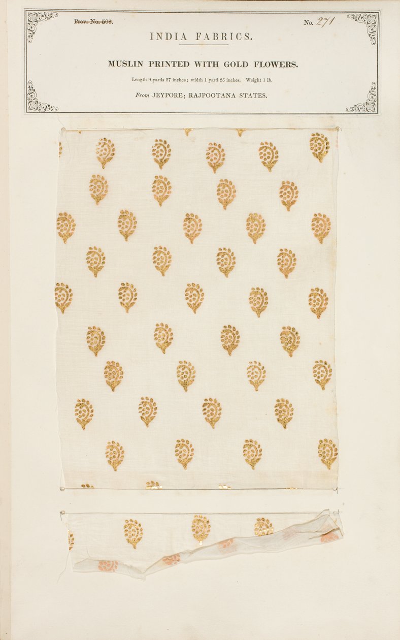 Muslinprøve trykt med guldblomster fra Jeypore i Rajpootana-staterne, fra The Collection of the Textile Manufacturers of India, af John Forbes Watson, udgivet i 1866 af Indian School