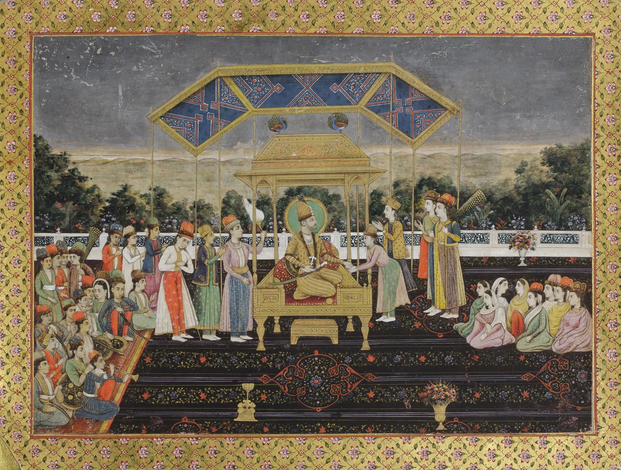 Nadir Shah på påfugletronen efter hans nederlag af Muhammad Shah, ca. 1850 (ugennemsigtigt wc på papir) af Indian School