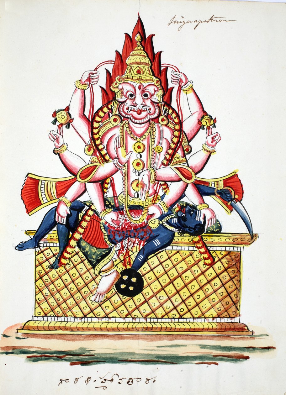 Narasimha, 4. avatar af Vishnu (akvarel på papir) af Indian School