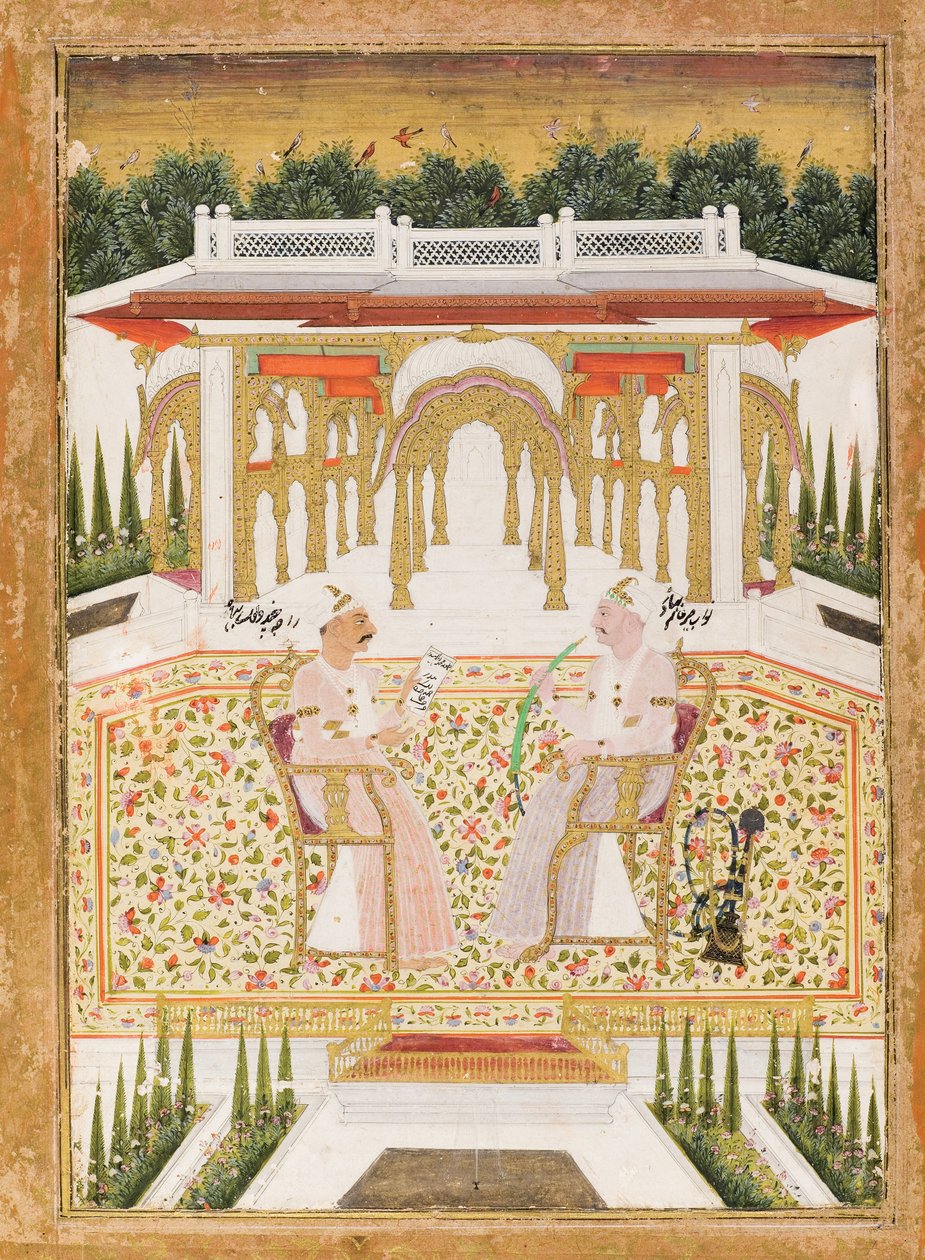 Nawab Mir Alam Bahadur og Raja Chandu Lal Bahadur, ca. 1800 (ugennemsigtigt wc & guld på papir) af Indian School