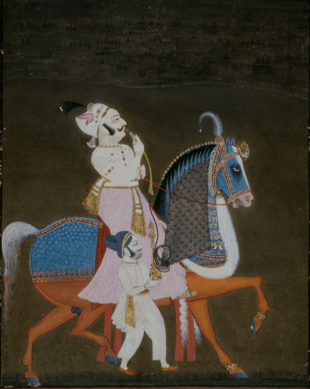 Adelsmand fra Mewar rider Mrigarao med en ledsager til fods, 1820 af Indian School