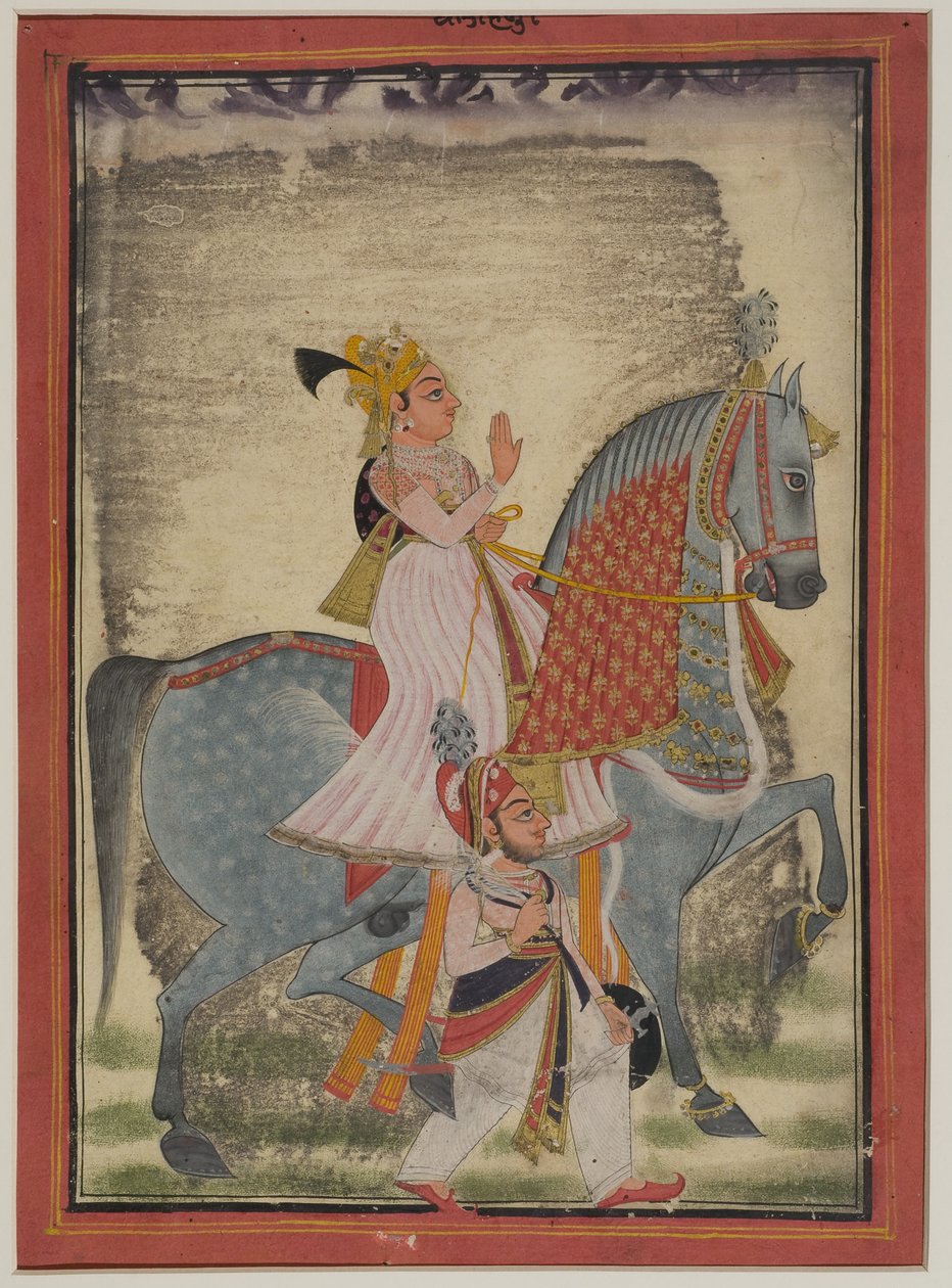 Adelsmand fra Mewar rider Nur ledsaget af en sais til fods, 1820 af Indian School