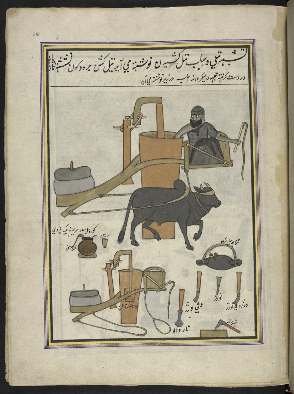 Oliepresser,  86 tegninger indbundet i et bind, der viser håndværk og erhverv i Kashmir, håndværkere vises i arbejde med deres redskaber og udstyr,  Af en Kashmir-kunstner, sandsynligvis i Srinagar, ca. 1850-60 (gouache på papir) af Indian School