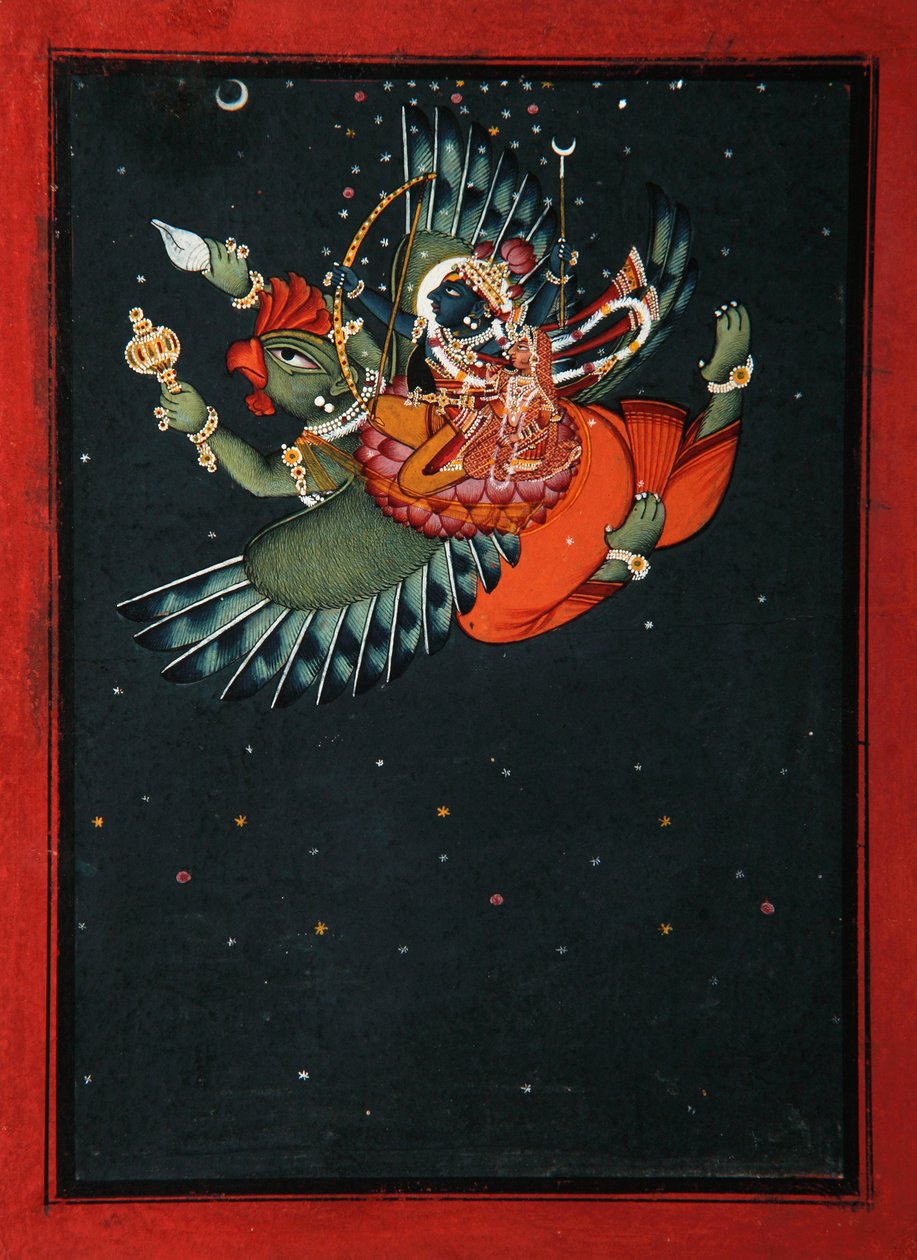 På Garudas vinger: Krishna og Satyabhama flyver gennem nattehimlen, ca. 1750 (ugennemsigtigt wc & guld på papir) af Indian School