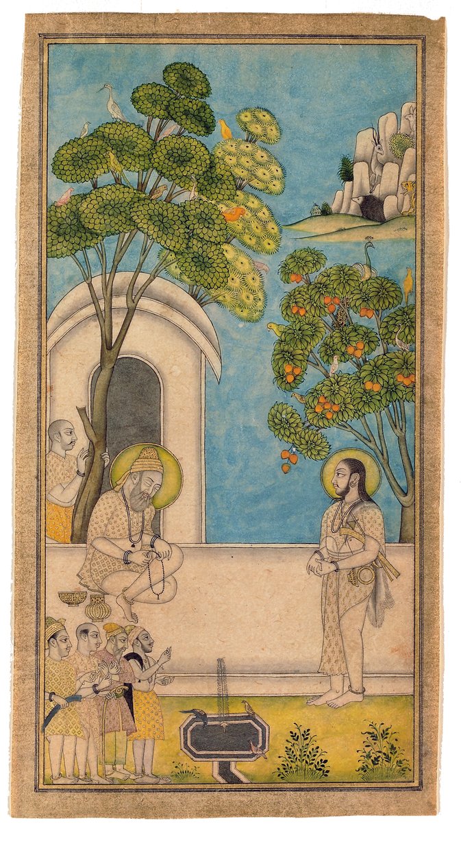 En hellig mand kommer på besøg hos en anden, 1700-25 (ugennemsigtigt wc og guld på papir) af Indian School