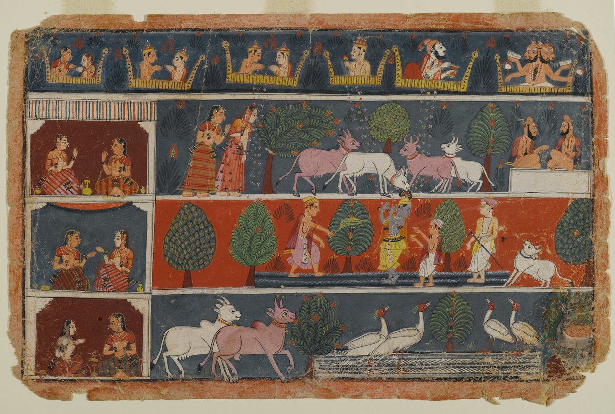 Side fra en Dispersed Bhagavata Purana Series, ca. 1680 (ugennemsigtigt wc på papir) af Indian School