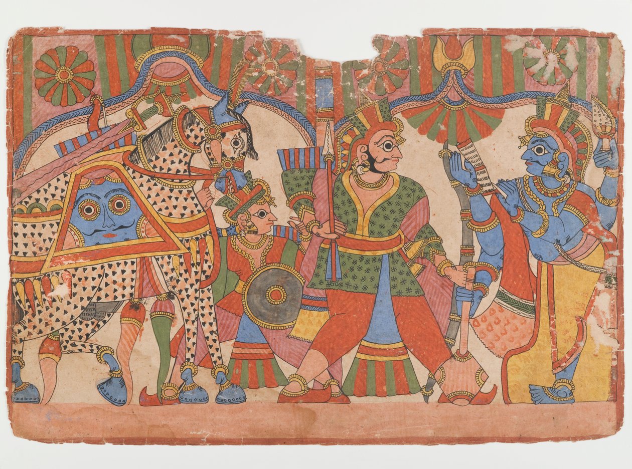 Side fra en Mahabharata-serie, ca. 1830-50 (blæk og farve på papir) af Indian School