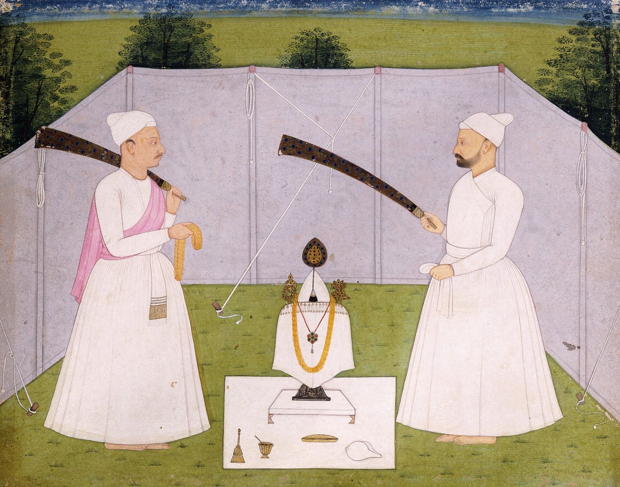 Pandits, der deltager i Balwant Singhs personlige helligdom, ca. 1750 af Indian School