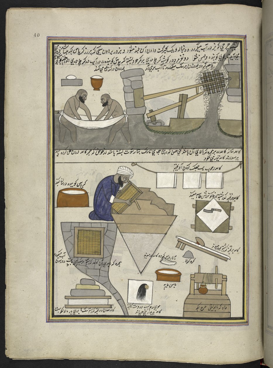 Papirmagere,  86 tegninger indbundet i et bind, der viser håndværk og erhverv i Kashmir, håndværkere vises i arbejde med deres redskaber og udstyr,  Af en Kashmir-kunstner, sandsynligvis i Srinagar, ca. 1850-60 (gouache på papir) af Indian School