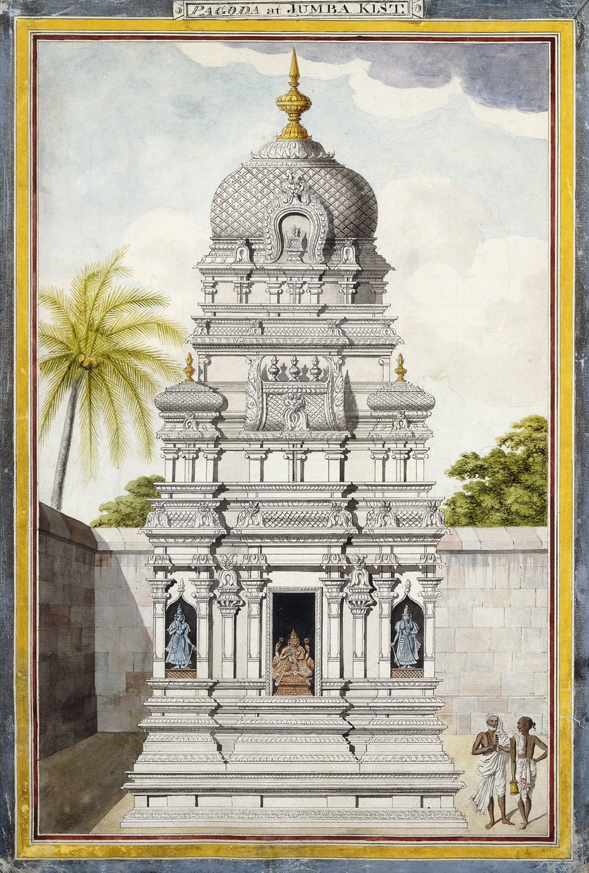 En del af Temple of Jambukeshvara, Srirangam, Tamil Nadu, ca. 1800 (blyant, kuglepen, sort blæk, w/c på lagt papir) af Indian School