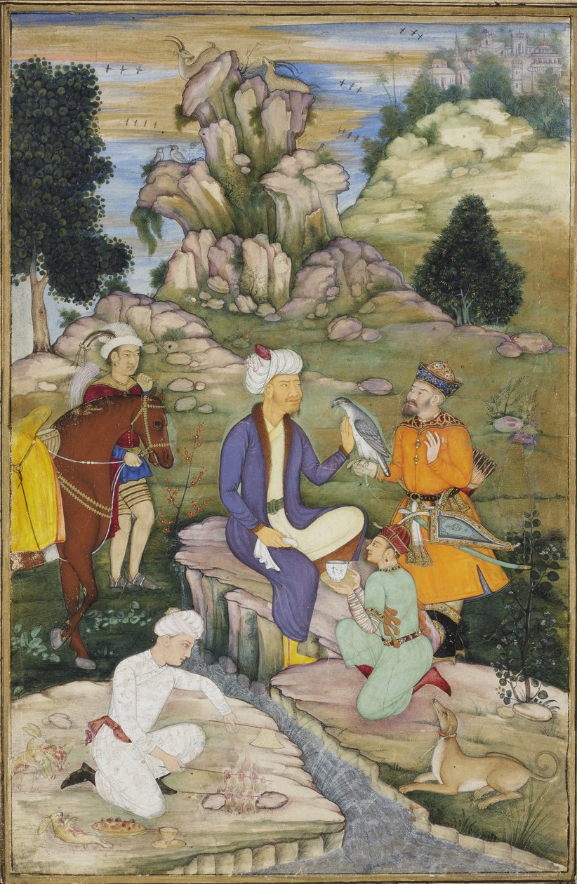 Picnick i løbet af en jagt, ca. 1615 (ugennemsigtigt wc på papir) af Indian School