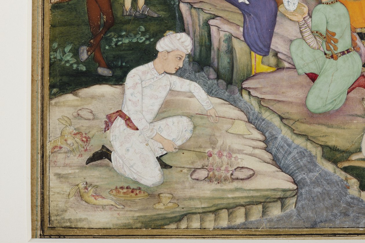 Picnick i løbet af en jagt, detalje, ca. 1615 (ugennemsigtigt wc på papir) af Indian School