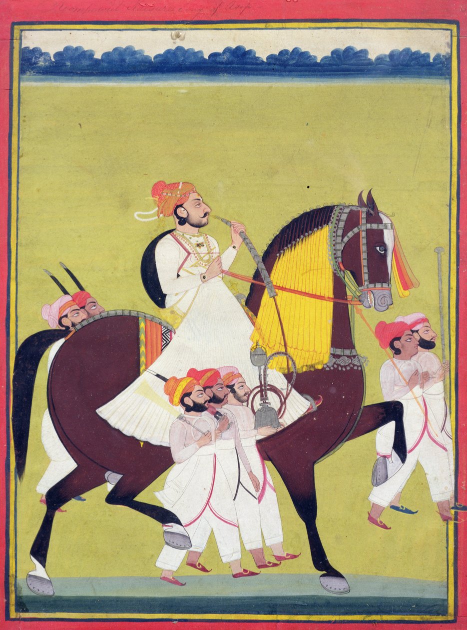 Portræt af Kumbhawat Kesari Singh fra Asop, ridende på hest, rygende vandpibe og ledsaget af ledsagere, Jodhpur, ca. 1810-20 af Indian School