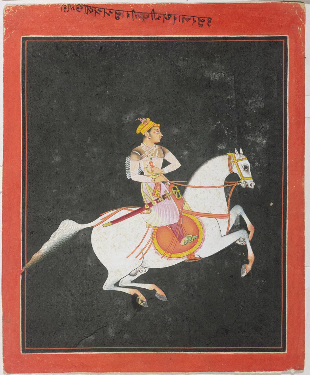 Portræt af Kunwar Baharat Singh til hest, af Utkalrama, indskrevet på toppen og bagsiden i Devanagari, Bundi, Rajasthan, Rajput School af Indian School