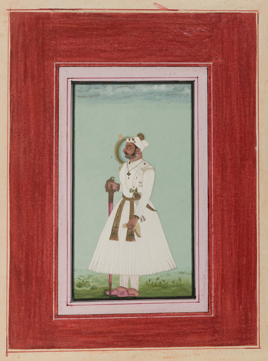 Portræt af Rao Vir Singh, ca. 1780-1790 (ugennemsigtigt wc & guld på papir) af Indian School