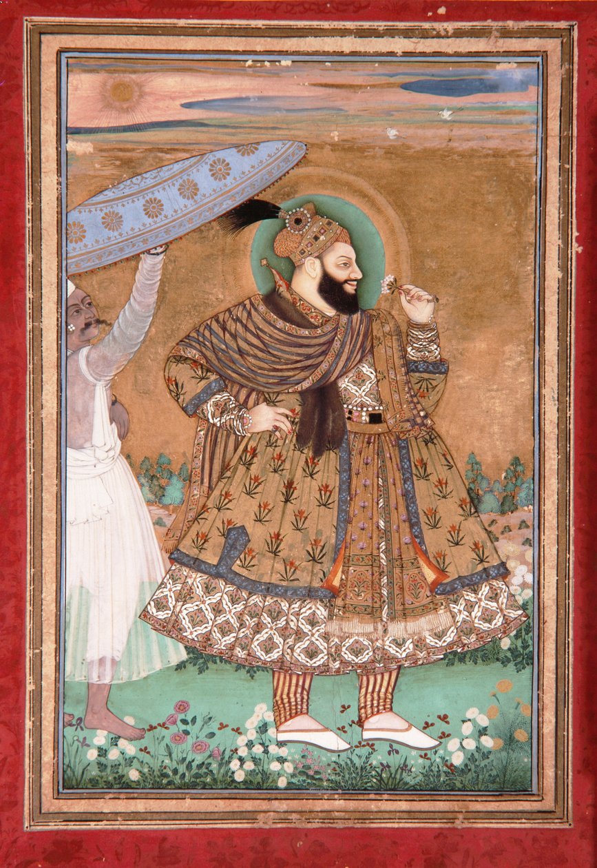 Portræt af Sultan Abul Hasan af Golconda, stående, ca. 1675 (ugennemsigtigt wc & guld på papir) af Indian School