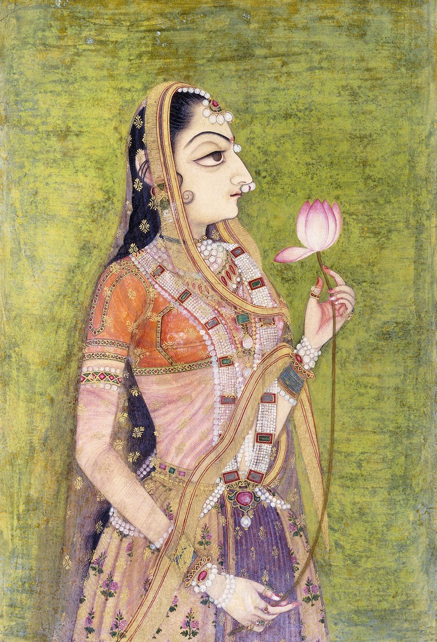 Portræt af en dame, der holder en lotus, ca. 1740-1750 af Indian School