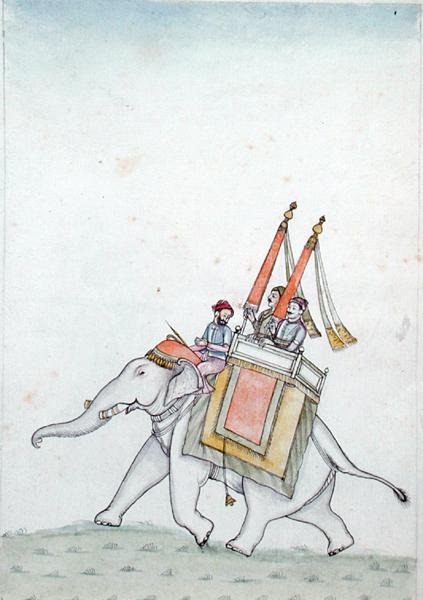 Portræt af en prins, der rider på en elefant, tidligt i det 19. århundrede (akvarel på papir) af Indian School