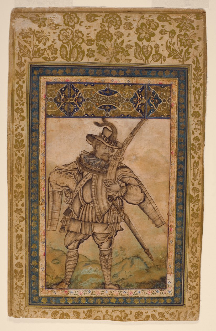 Portræt af den portugisiske admiral Albuquerque, ca. 1615 (ugennemsigtigt wc & guld på papir) af Indian School
