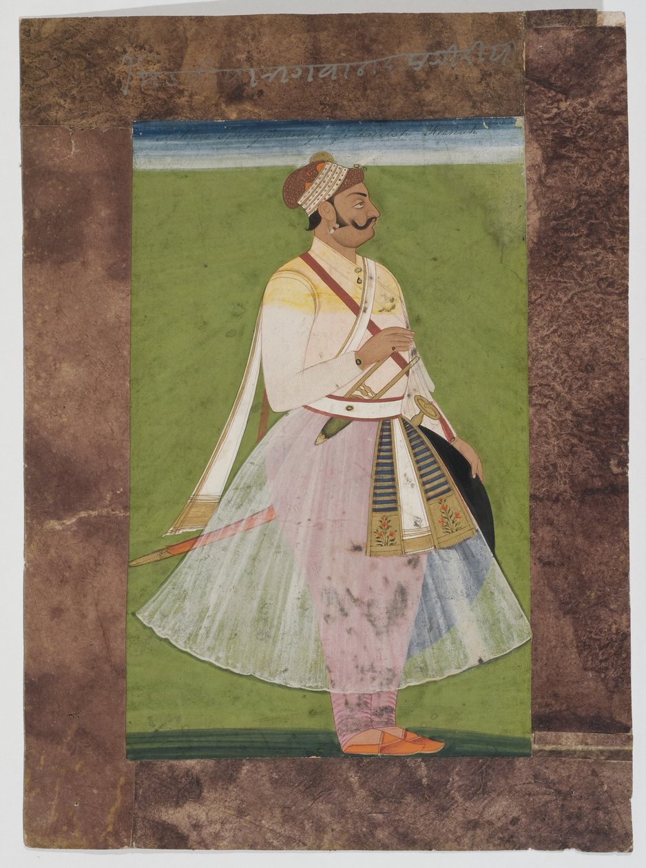 Portræt af Rathor-høvdingen Bhagwan Das, af Mertia-klanen i Rian, Jodhpur, 1820 (monteret gouache på indisk papir med sammensat brunt papirkant) af Indian School