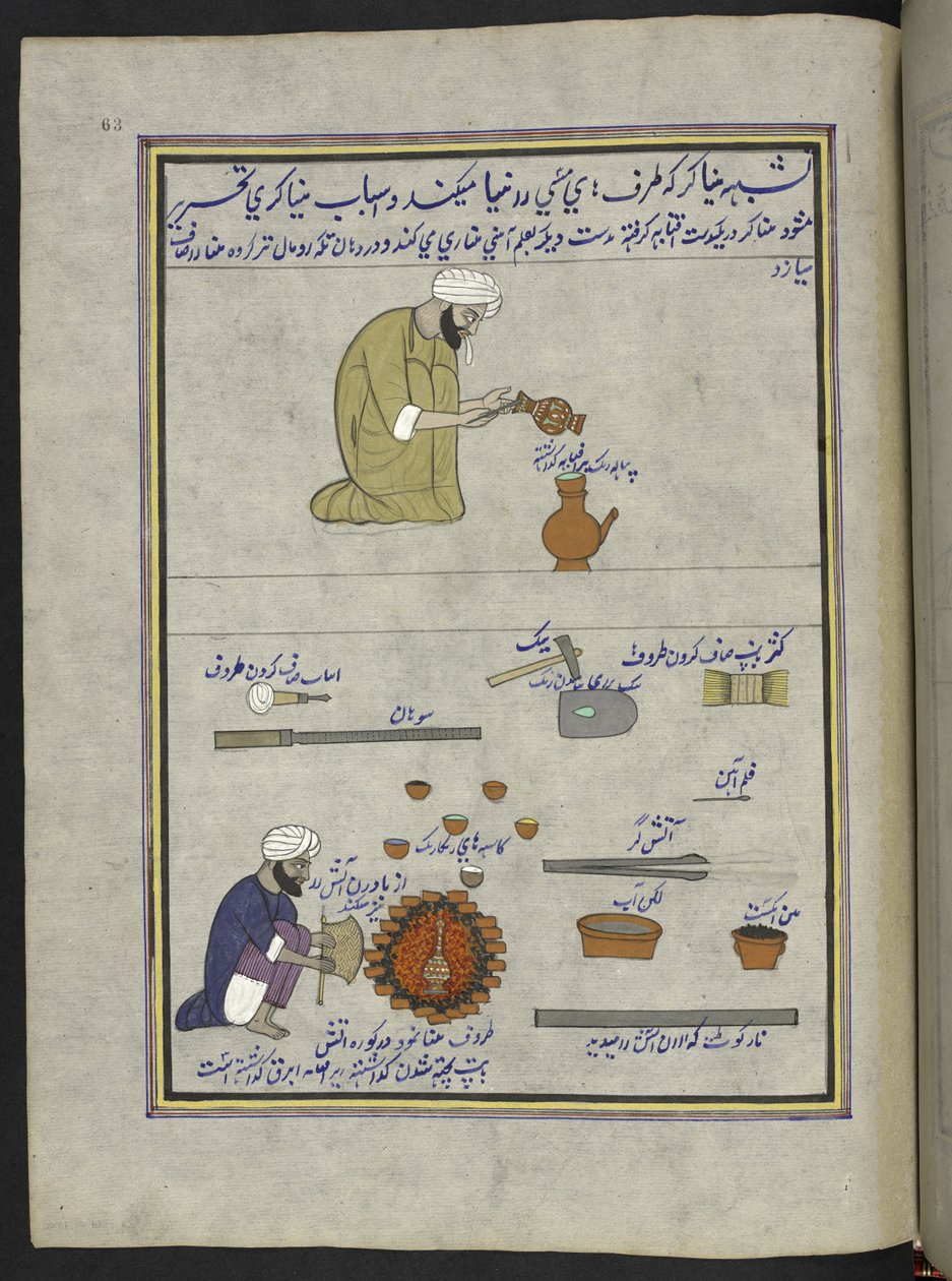 Pot-emaljere,  86 tegninger indbundet i et bind, der viser håndværk og erhverv i Kashmir, håndværkere vises i arbejde med deres redskaber og udstyr,  Af en Kashmir-kunstner, sandsynligvis i Srinagar, ca. 1850-60 (gouache på papir) af Indian School