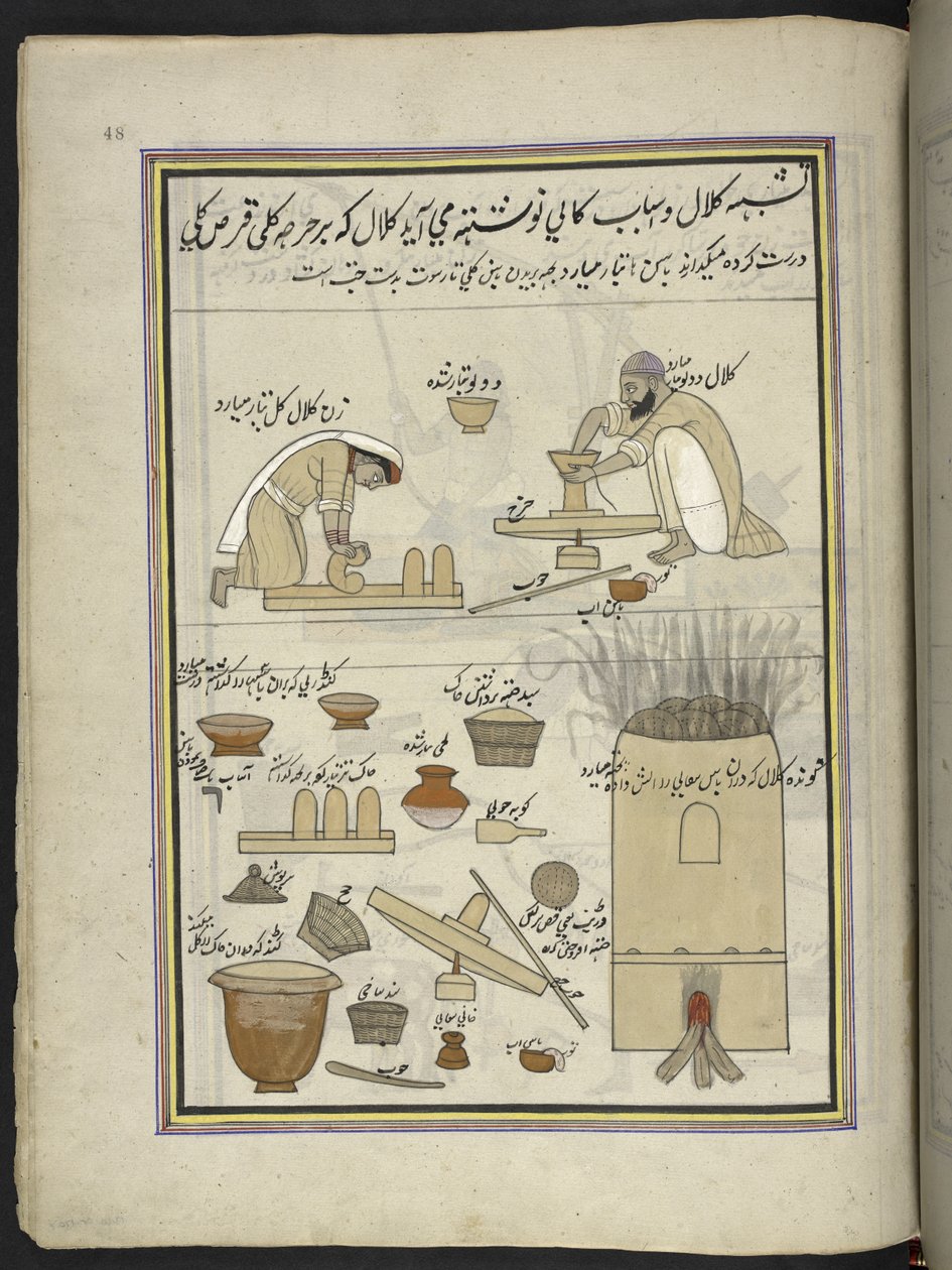 Pottemagere,  86 tegninger indbundet i et bind, der viser håndværk og erhverv i Kashmir, håndværkere vises i arbejde med deres redskaber og udstyr,  Af en Kashmir-kunstner, sandsynligvis i Srinagar, ca. 1850-60 (gouache på papir) af Indian School