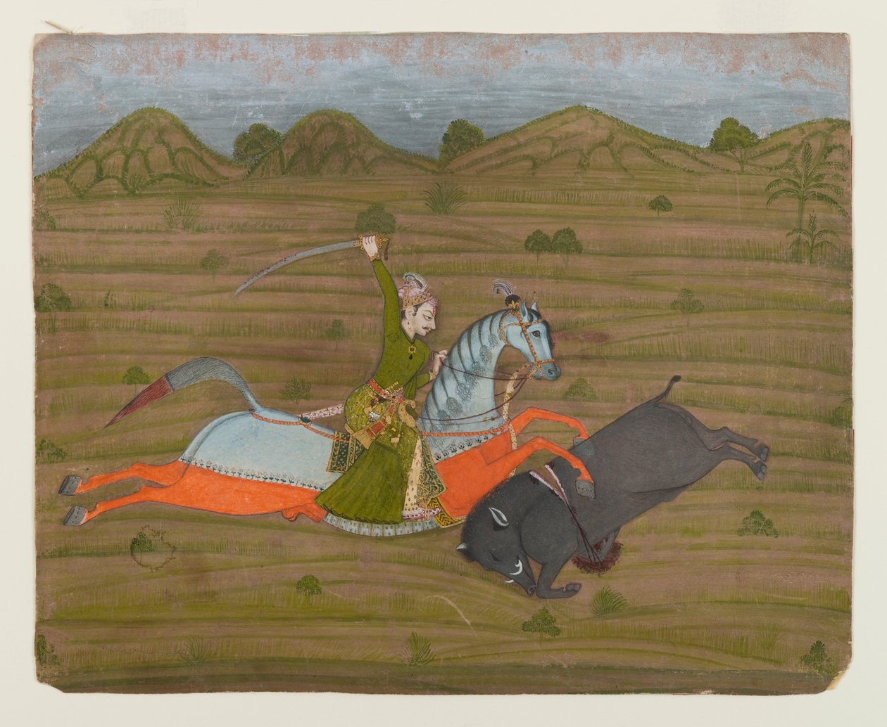 Prince Hunting Wild Boar (miniaturemaleri), 1765 (ugennemsigtigt wc & guld på papir) af Indian School