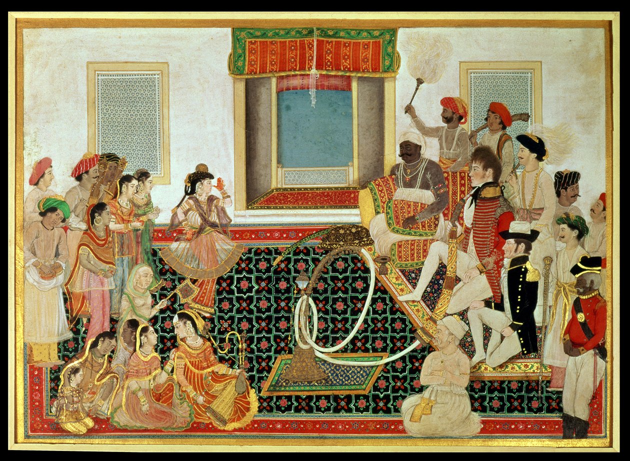 Prins Mahadaji Sindhia underholder en britisk hærofficer og en søofficer til en nautch, ca. 1820 (gouache på papir) af Indian School
