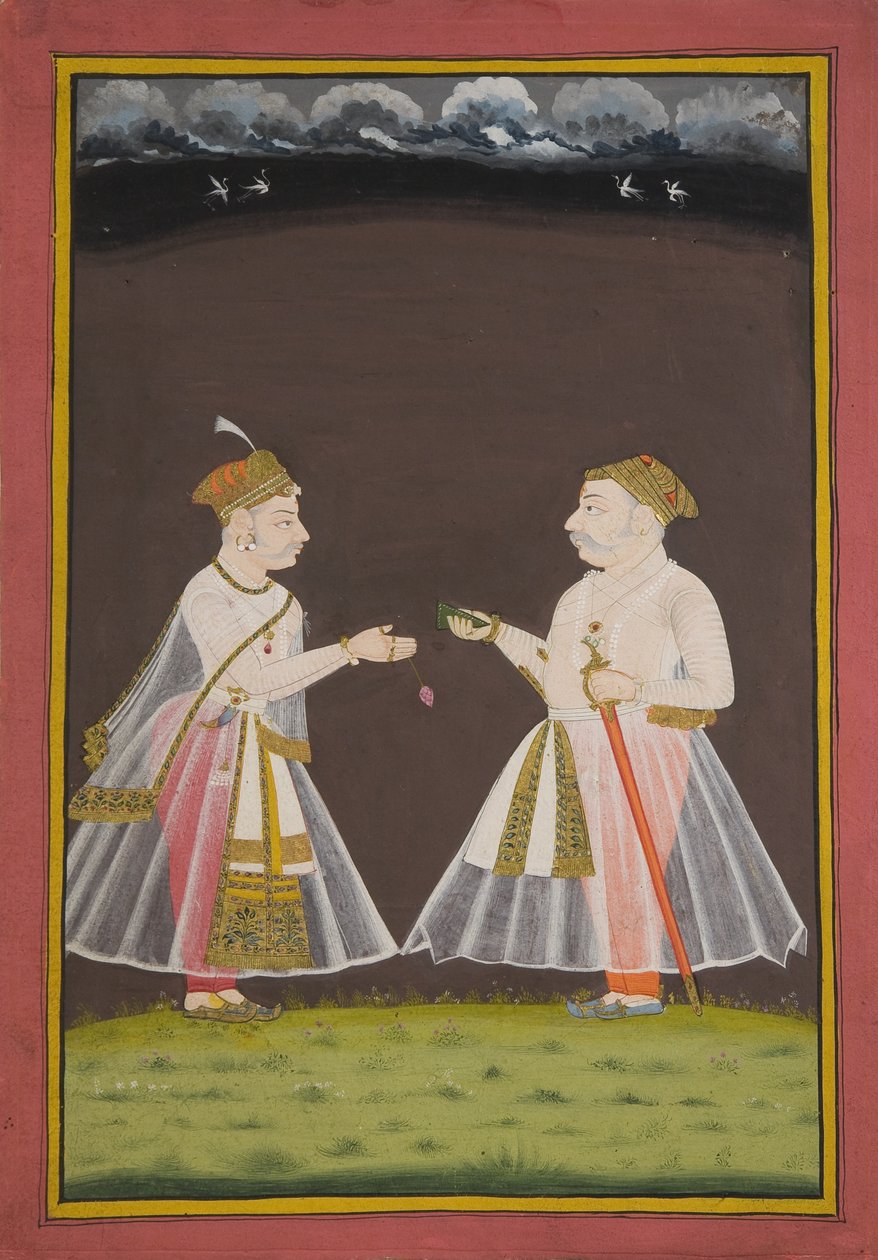 Sandsynligvis et portræt af Rana Raj Singh fra Udaipur (1661-81), der tilbyder pan til en adelsmand, 1820 af Indian School
