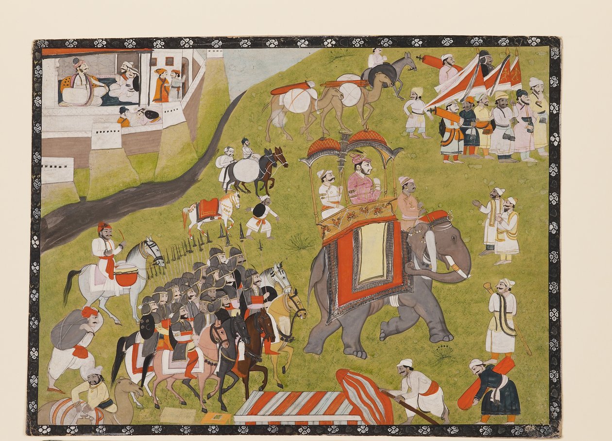 Procession af en Raja på elefant med bevæbnet eskorte og holdere, 2. halvdel af det 19. århundrede (gouache på papir) af Indian School