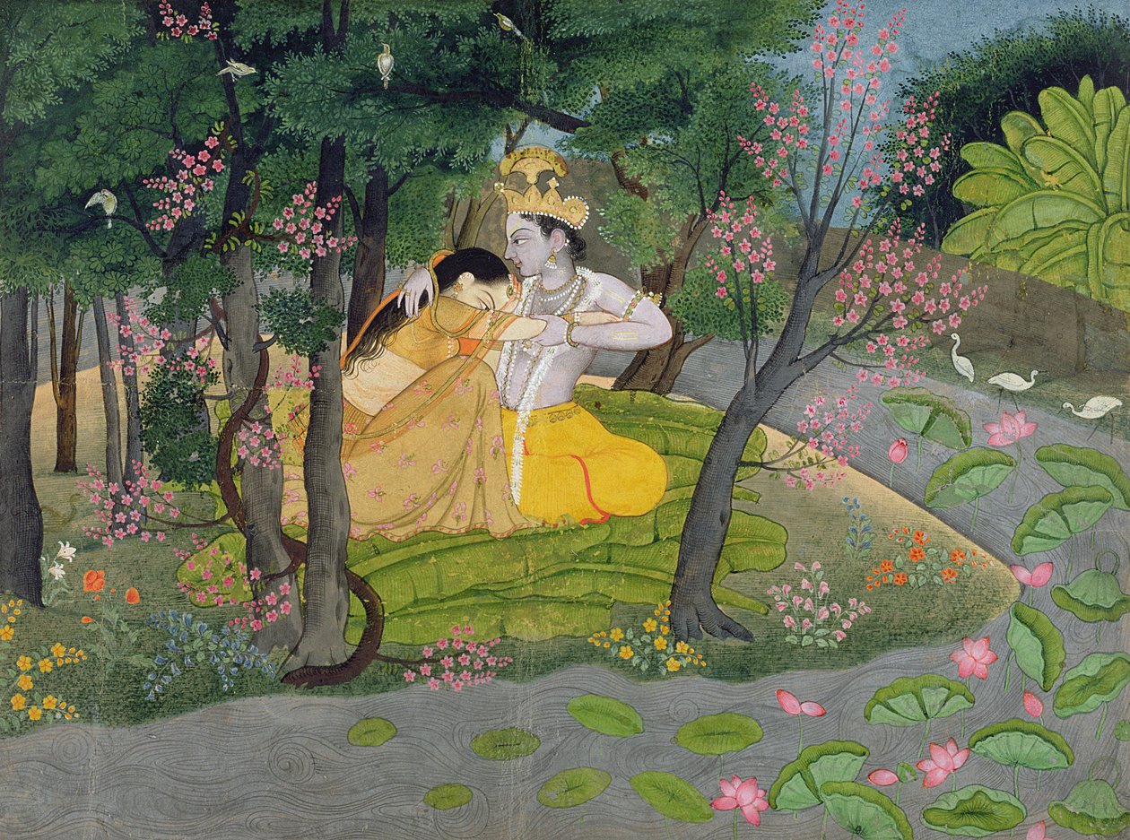 Radha og Krishna omfavnes i en lund af blomstrende træer, ca. 1780 (wc på papir) af Indian School