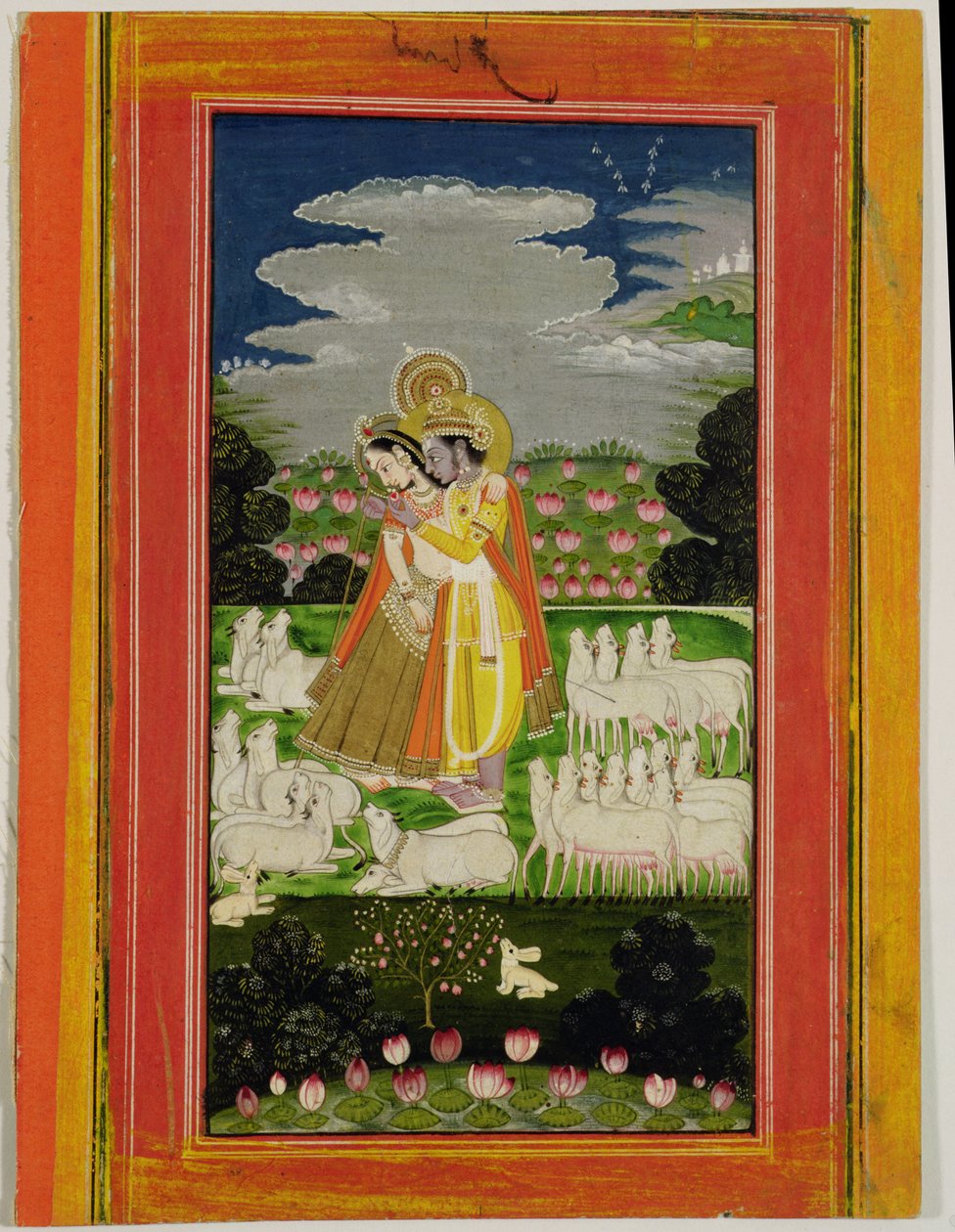 Radha og Krishna omfavner sig i et idealiseret landskab med køer, ca. 1780 (ugennemsigtigt wc på papir) af Indian School