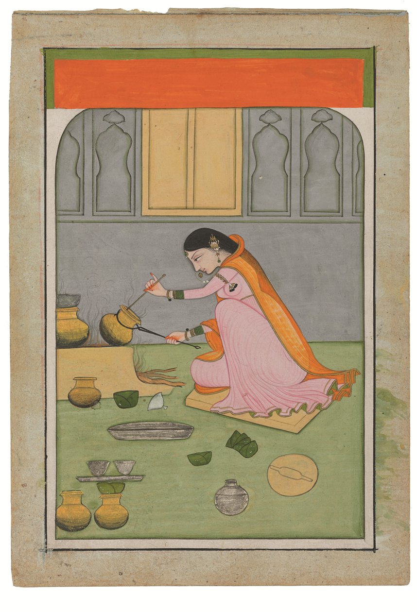 Radha i køkkenet, ca. 1810 (uigennemsigtige pigmenter og guld på wasli) af Indian School