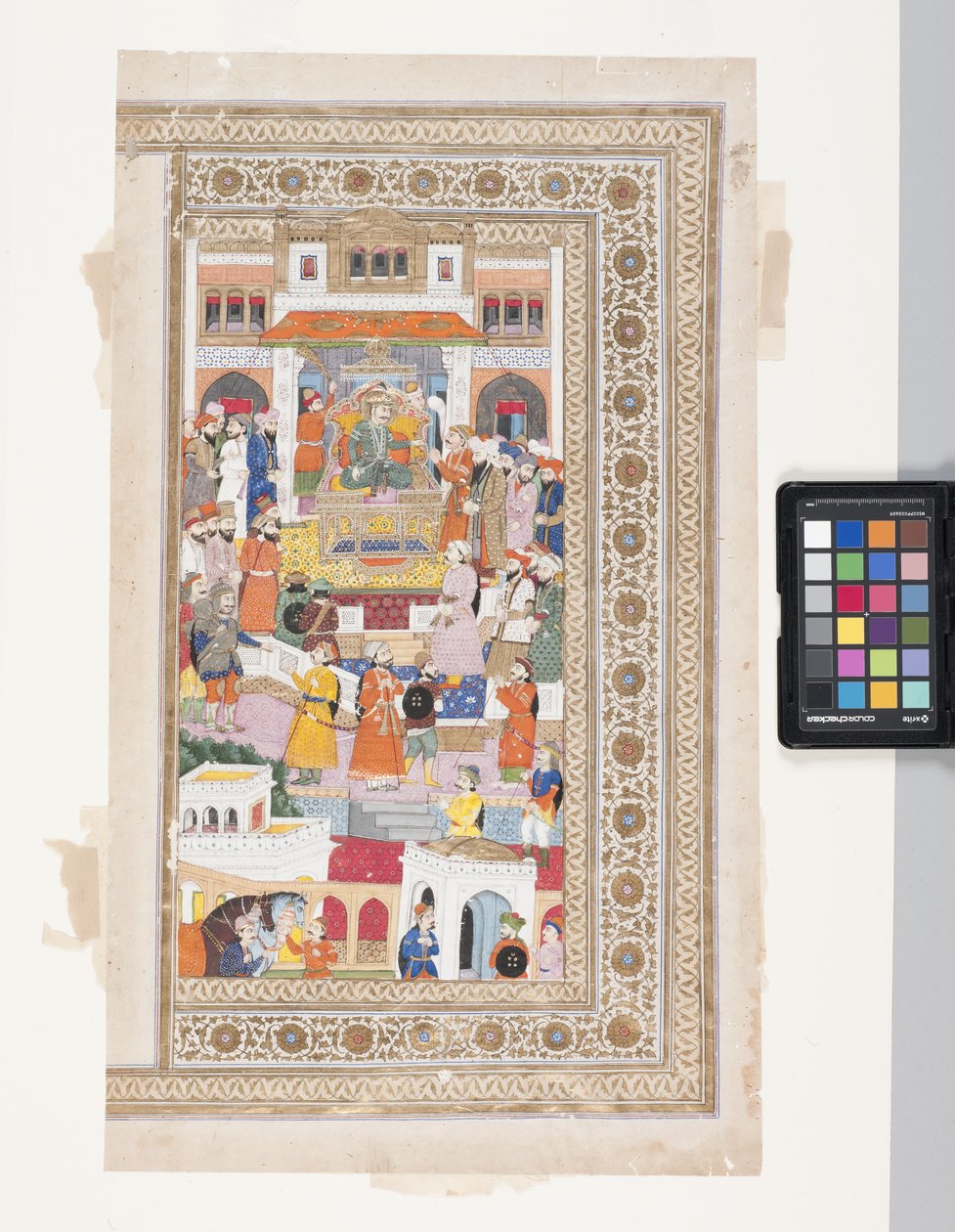 Raja With Courtiers (pen, blæk, gouache og bladguld på pergament) af Indian School