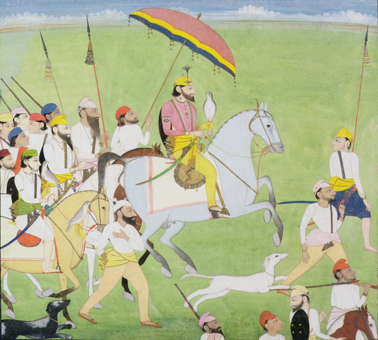 Rajah Dhian Singh (1796-1840) på jagt med ledsagere, ca. 1834-40 af Indian School