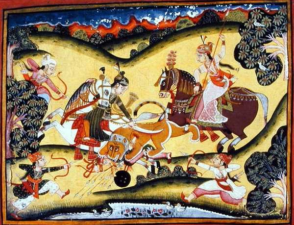 Rajput Princesses Killing a Lion, Bundi School, ca. 1810-20 (gouache på papir) af Indian School