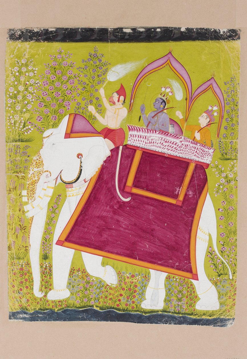 Rama og Lakshman i howdah af en hvid elefant med Hanuman som mahout, slutningen af det 18. århundrede (ugennemsigtigt wc på papir) af Indian School