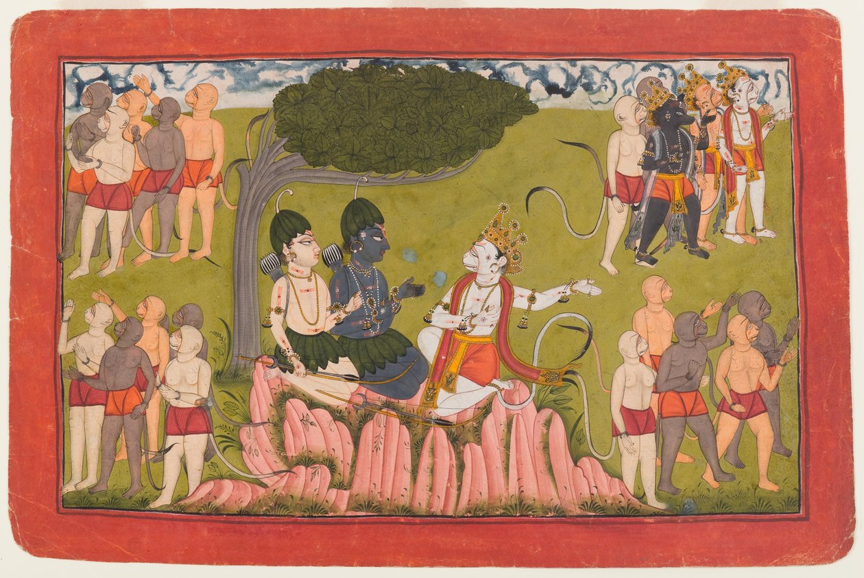 Rama og Lakshmana konfererer med Sugriva om søgningen efter Sita, folio fra en spredt Ramayana-serie, ca. 1770-10 (wc på papir) af Indian School