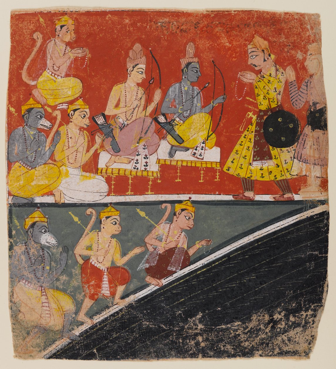 Rama og Lakshmana modtager udsendinge, side fra en spredt Ramayana-serie, ca. 1634 (wc på papir) af Indian School