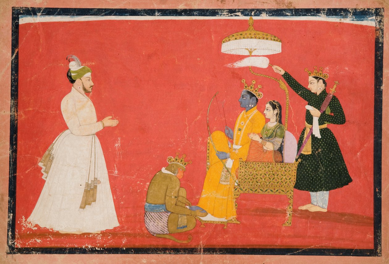 Rama og Sita Enthroned, ca. 1750 (ugennemsigtigt wc & guld på papir) af Indian School