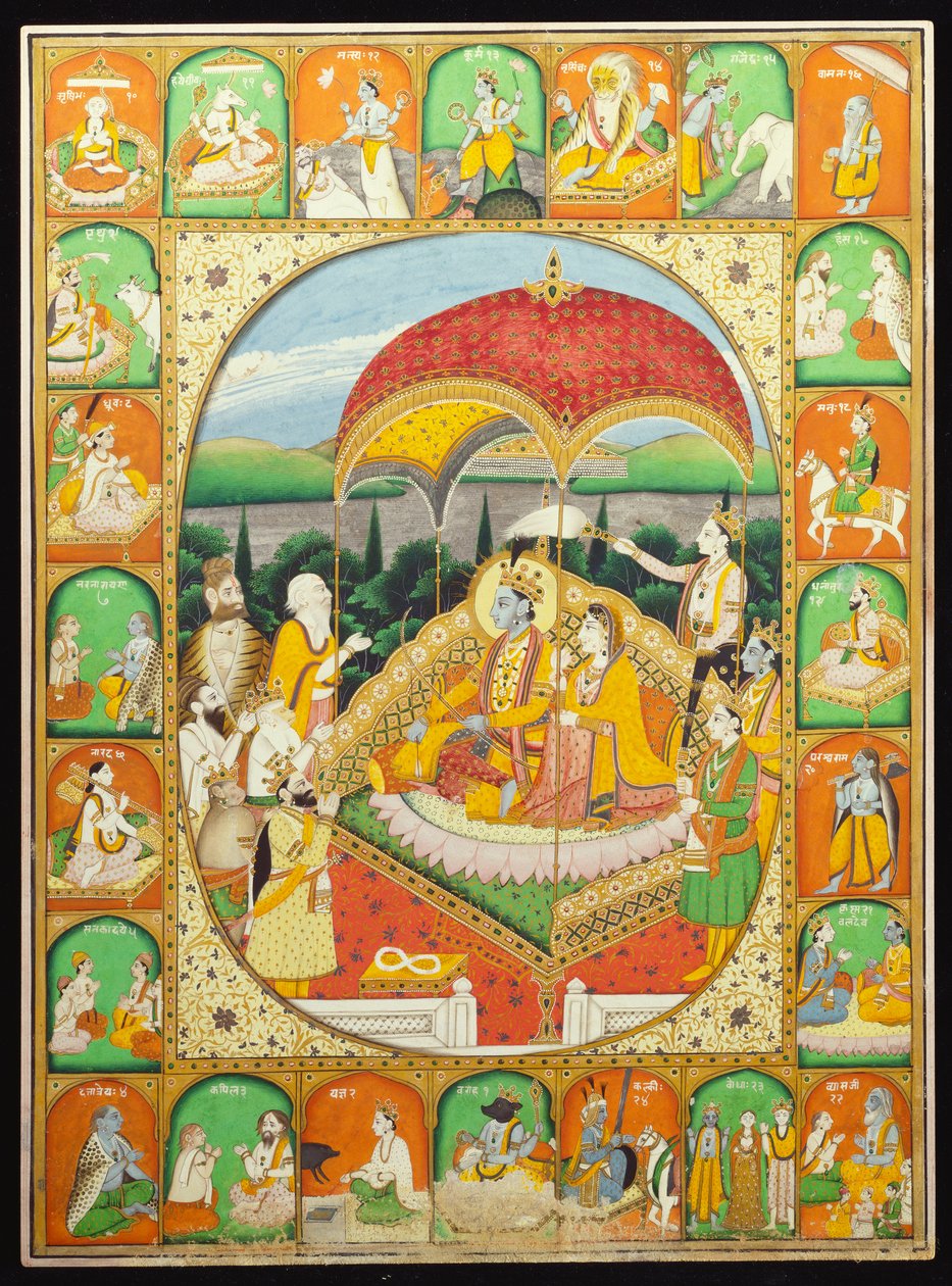 Rama og Sita Enthroned, tilbedt af Shiva, Hanuman og andre, 1800-20 af Indian School