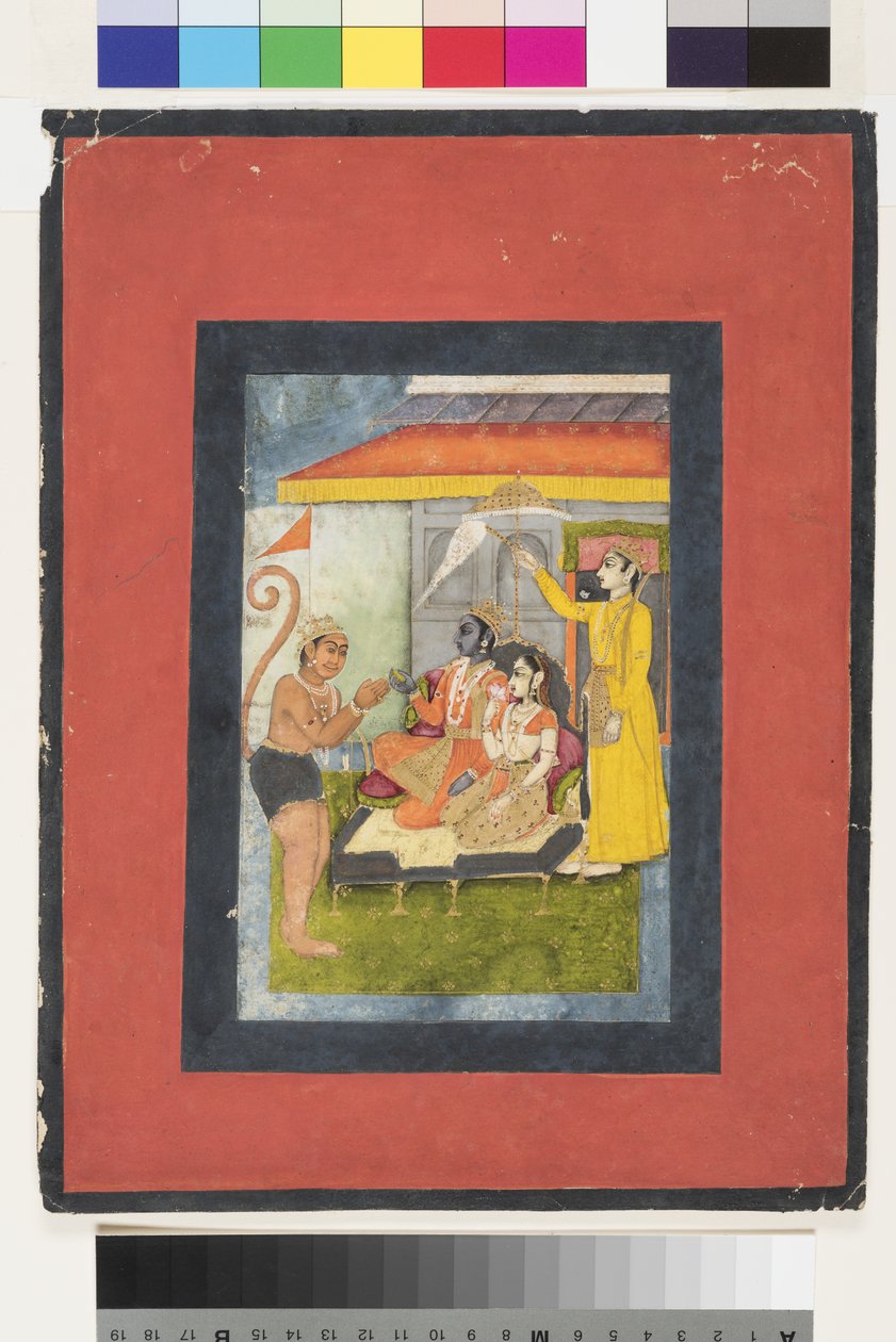Rama og Sita troner, tilbedt af Hanuman; Lakshmana har en morchal, ca. 1780 (ugennemsigtigt wc & guld på papir) af Indian School