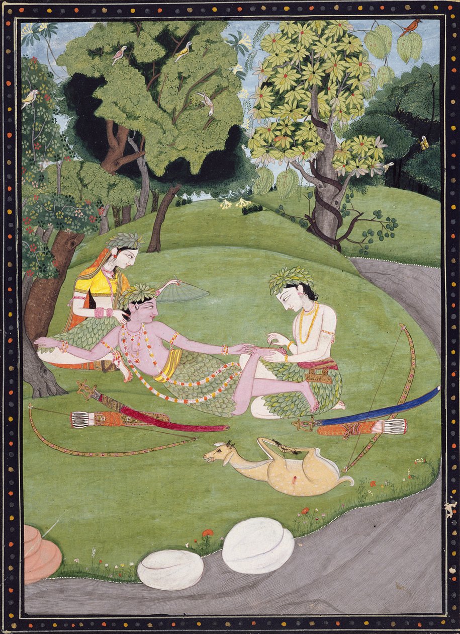 Rama læner sig tilbage mod Sita, mens hans bror Laksman trækker en torn fra sin fod, 1845 (gouache, blæk og guld på papir) af Indian School