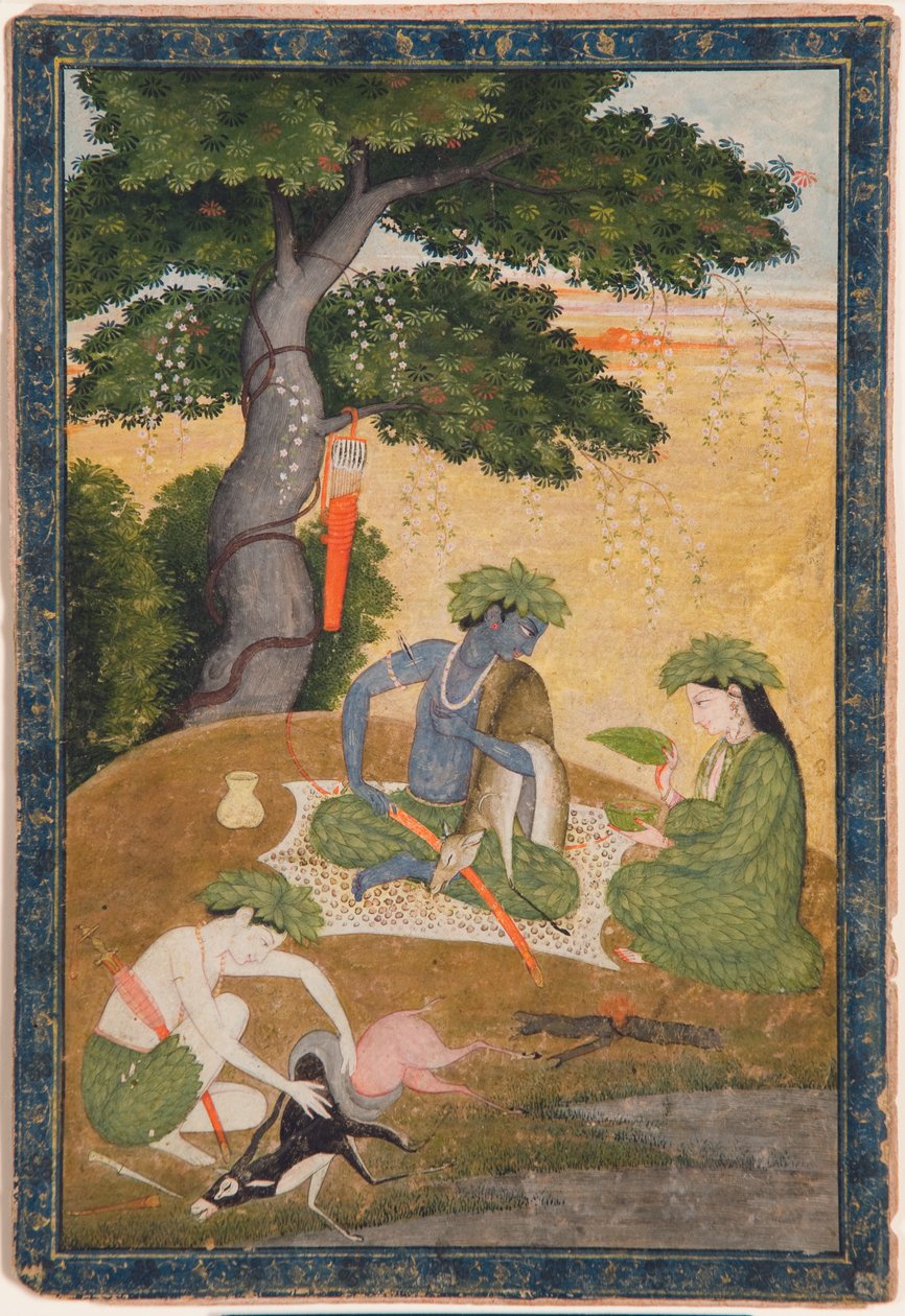 Rama, med Sita og Lakshmana i skoven, fra Ramayana, ca. 1790 (ugennemsigtigt wc & guld på papir) af Indian School