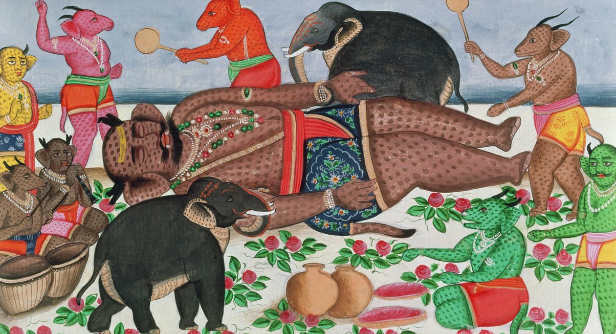 Ramayana-scene: en gruppe dæmoner, der vækker deres prins i dvale (gouache & wc på papir) af Indian School