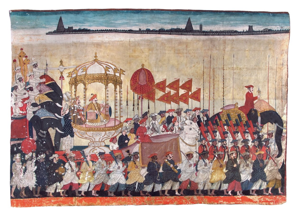 Rao Tuljaji i procession, ca. 1775 (ugennemsigtigt wc & guld på papir) af Indian School