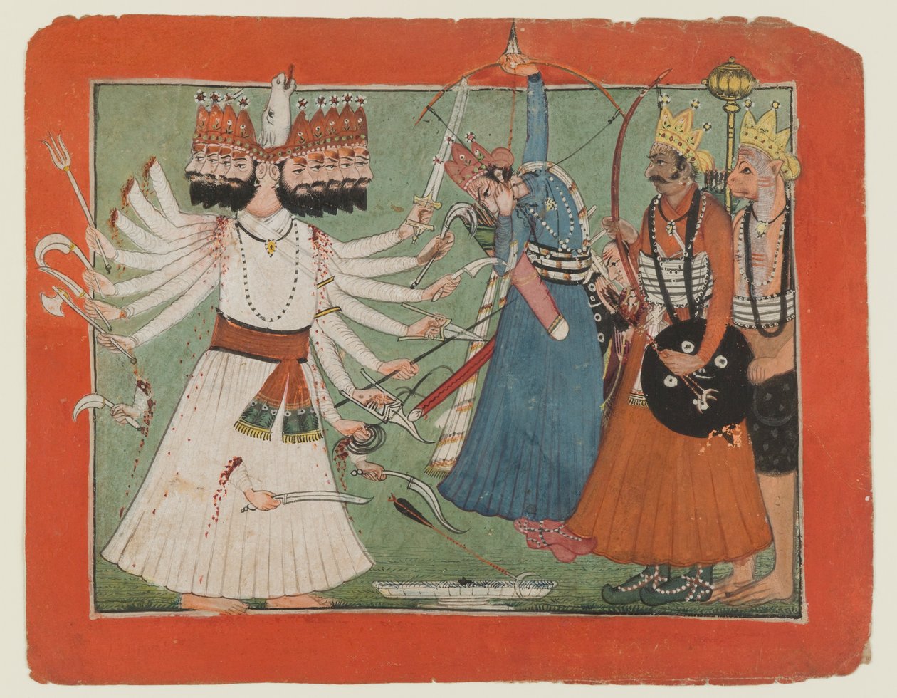 Ravana udfordrer Ramas hær, ca. 1750 (ugennemsigtig akvarel på papir) af Indian School